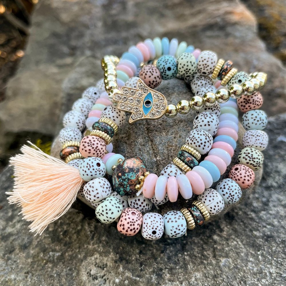 Stack Bracelets with Pastel Beads and Hamsa - Picture 4 of 4